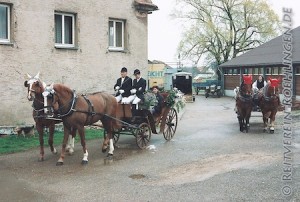 Karl Kirsch mit Hochzeitskutsche, Beifahrerin Marianne Kirsch, Hochzeit Anton und Beate Rettenmaier 1991,  dieses Foto stammt aus dem Archiv von Anne Kirsch