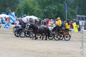 Andrea Esdar mit ihrer Tochter Leonie und den Ponys Missy und Momo in der Fahrquadrille für Zweispänner. Sie gewannen mit ihrer Quadrille sogar diese Prüfung!