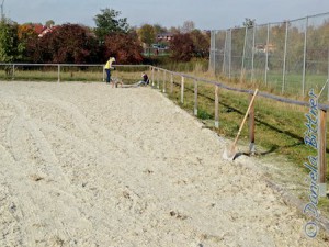 Draußen haben sich ein paar unermüdliche Helfer an dem Reitplatz Arbeit "gesucht". Das nach innen gewachsene Gras musste wieder mühsam entfernt werden und der nach aussen verteilte Sand auf der Teppichkante zusammengekehrt...