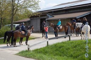An der Halle sammelten sich dann die Reiter. nach dem Frühstück wurden die Pferde gesattelt...