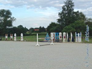 Der erste Teil der Sponsorenhindernisse ist schon da, und aus dem Container sind die ersten Fänge schon hergerichtet auf der Seite, wo die Hindernisse gelagert werden, die am Turnier Einsatz finden..