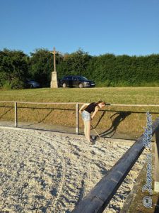 Der Traktor kommt beim Pflegen des Reitplatzes nicht in die Ecken... Die muss man von Hand rechen...
