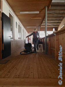 Anna kämpft mit dem Staubsauger, sie hat die Halle gesaugt und vom Staub befreit...