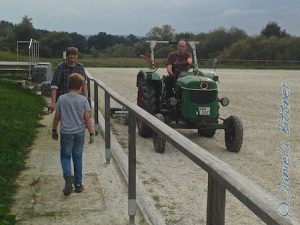 Martin fährt schon fleissig mit dem Traktor auf dem Platz, damit er schön vorbereitet ist. Hier werden morgen die Pferde ablongiert...